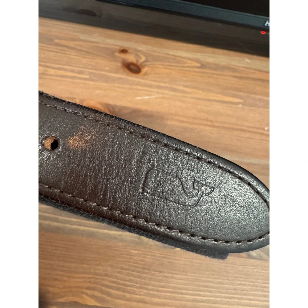 Vineyard Vines Mens Size 34 Canvas Leather Belt Crest Embroidery Green Navy USA